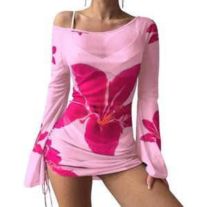 ZAFUL Womens Swimsuit Cover Up Dress Off Shoulder Hollow Coverup Bathing Suit Mesh Swim Beach Dress (X-Large, 0-pink)