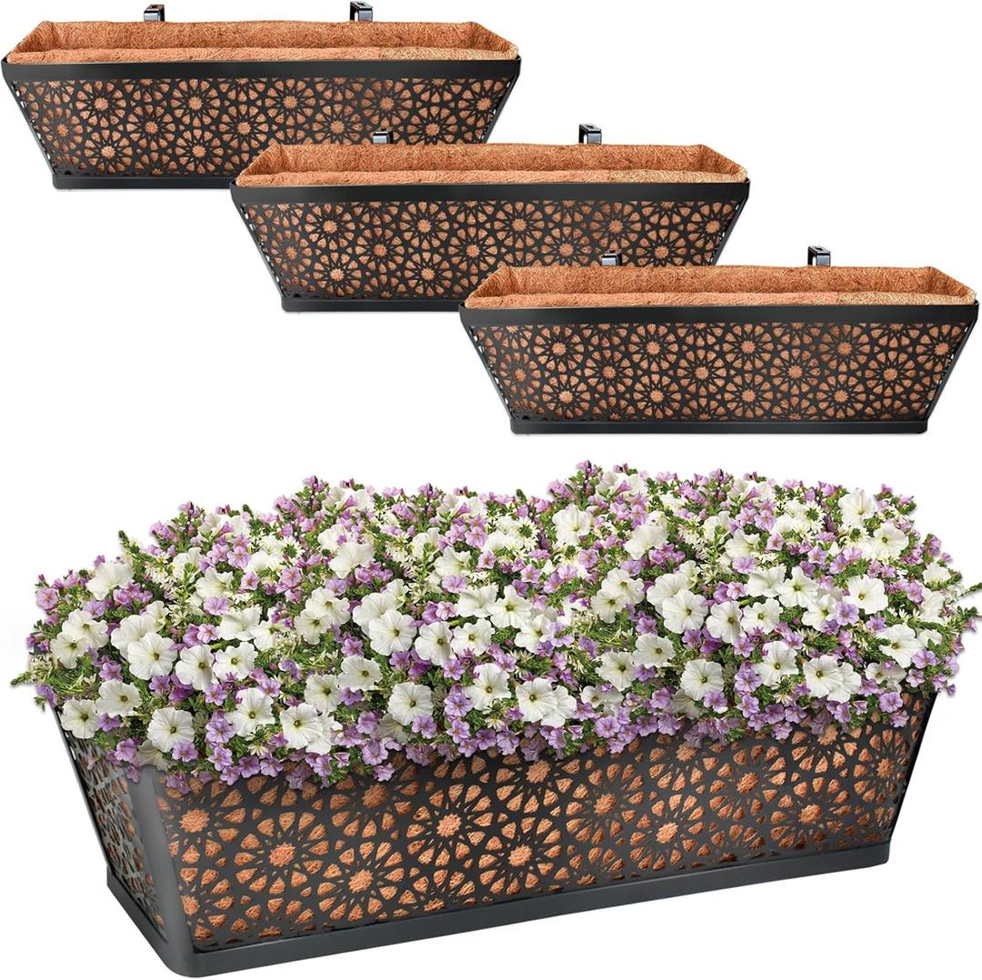 Halatool 24 Inch Window Box with Coco Liner, 4 Pack Sturdy Metal Flower Railing Planter with Coco Coir Basket Liners for Window Deck Fence Porch Balcony and Patio Outdoor Indoor Lawn
