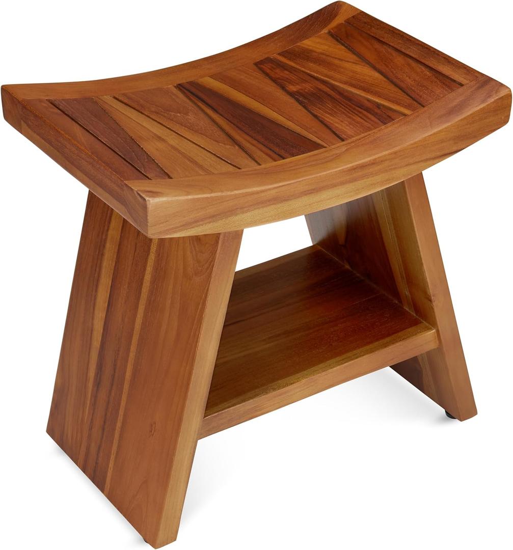 TeakCraft Teak Shower Stool with Shelf  Water Resistant, Non-Slip Premium Indonesian Teak Wood Bath Seat Bench for Shower  Fully Assembled Wood Spa Bath Organizer Seat with Leveling Feet, The Randi