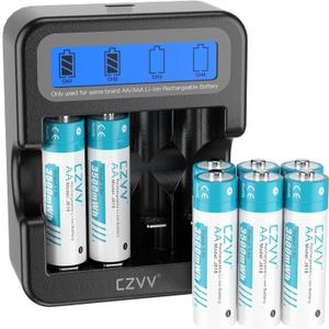 Lithium Rechargeable AA 1.5V Camera Batteries with 2.5'' LCD Fast Black Charger Combo, 8 Pack Large Capacity 3500mWh Dual A Long-Lasting 3.0A Output for Home & Industrial Devices, Cycles 1300x