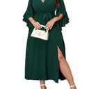 Womens Plus Size Dress Wedding Guest Cocktail Ruffle Half Sleeve Wrap V Neck Slit A Line Maxi Dresses with Belt Emerald Green, Size XL