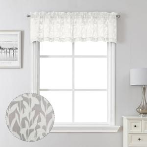 Lecloud Leia Sheer Ivory Window Curtains for Kitchen 14 Inch Length 2 PCS, Dual Rod Pockets Window Living Room Curtain Valance, Jacquard Clip Textured Leaf Short Bedroom Drapes, 40 W x 14 L