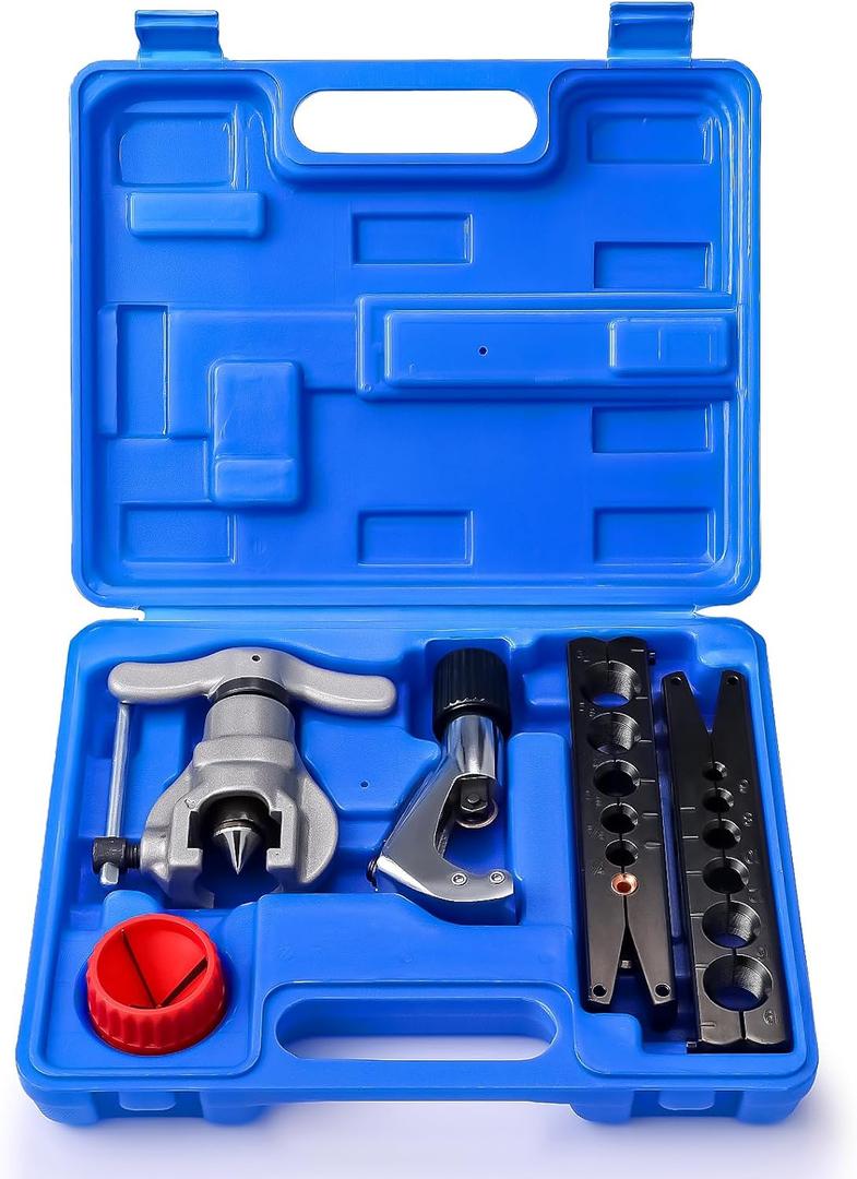 TURBRO HVAC FlaringTool Kit for 1/4 to 3/4in Pipes, 45 Degree Eccentric Cone Type, 2 Flaring Splints, Single Flaring Tool with a Pipe Cutter and Deburring Reamer, for Copper and Aluminum Pipes