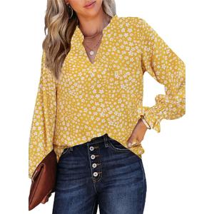 HOTOUCH Women Bohemian V Neck Floral Print Smocked Long Sleeve Casual Tops Chiffon Blouses Boho Shirts (Small)
