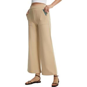 AFITNE Women's Wide Leg Yoga Dress Pants High Waist Pull On Stretchy Work Pants Business Casual Lounge Ankle Cropped Trousers 26" Khaki, M
