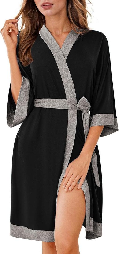 Ekouaer Robes for Women Knee Length Bathrobe Lightweight Kimono Robe 3/4 Sleeve Knit Sleepwear with Pockets (XX-Large, Black)