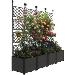 4pcs Raised Garden Bed with Trellis & Privacy Screen, 63" h Tall Vertical Planter Box for Climbing Plants, Outdoor Garden Planter Box with Drainage Holes for Patio Balcony, Black