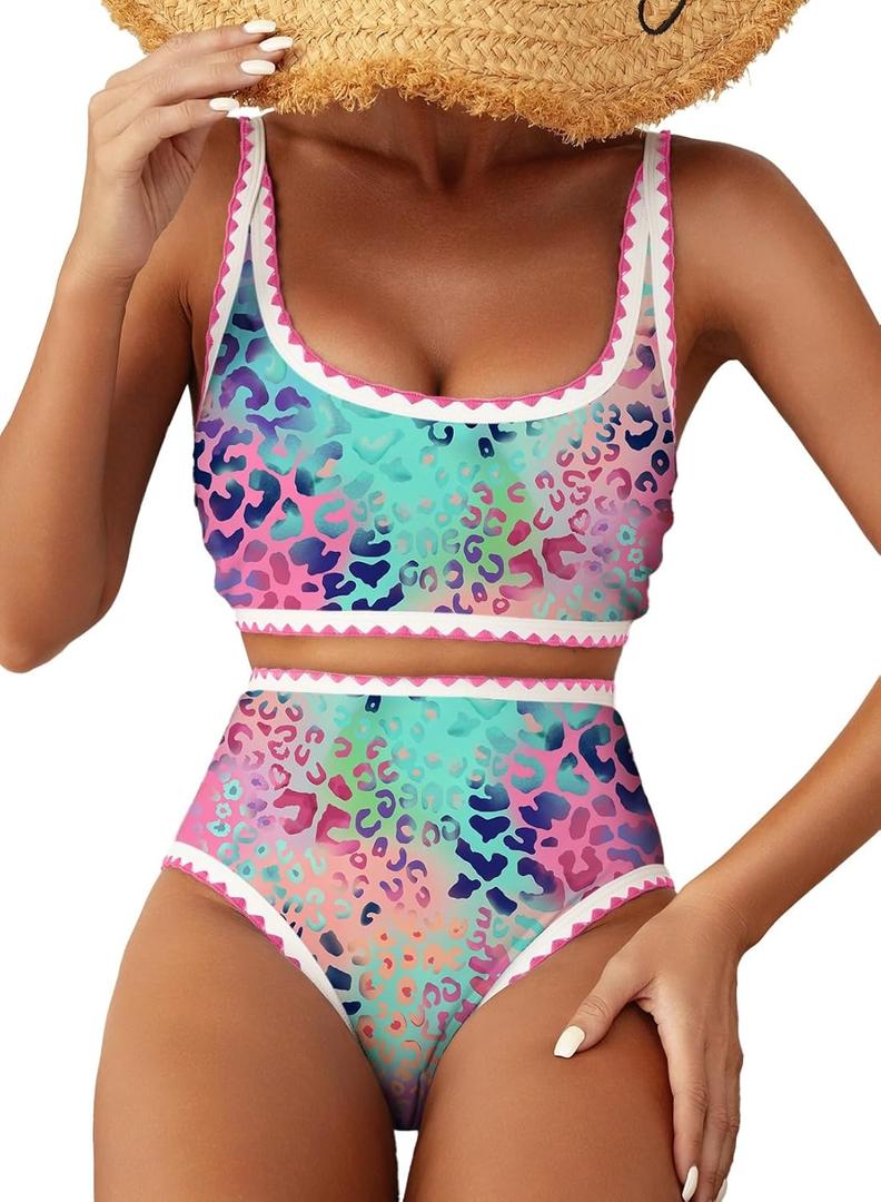 Herseas Women's Bikini Sets Floral Print Whip Stitch 2 Piece Swimsuits High Waisted Scoop Bathing Suits (X-Large, Colorful Leopard)