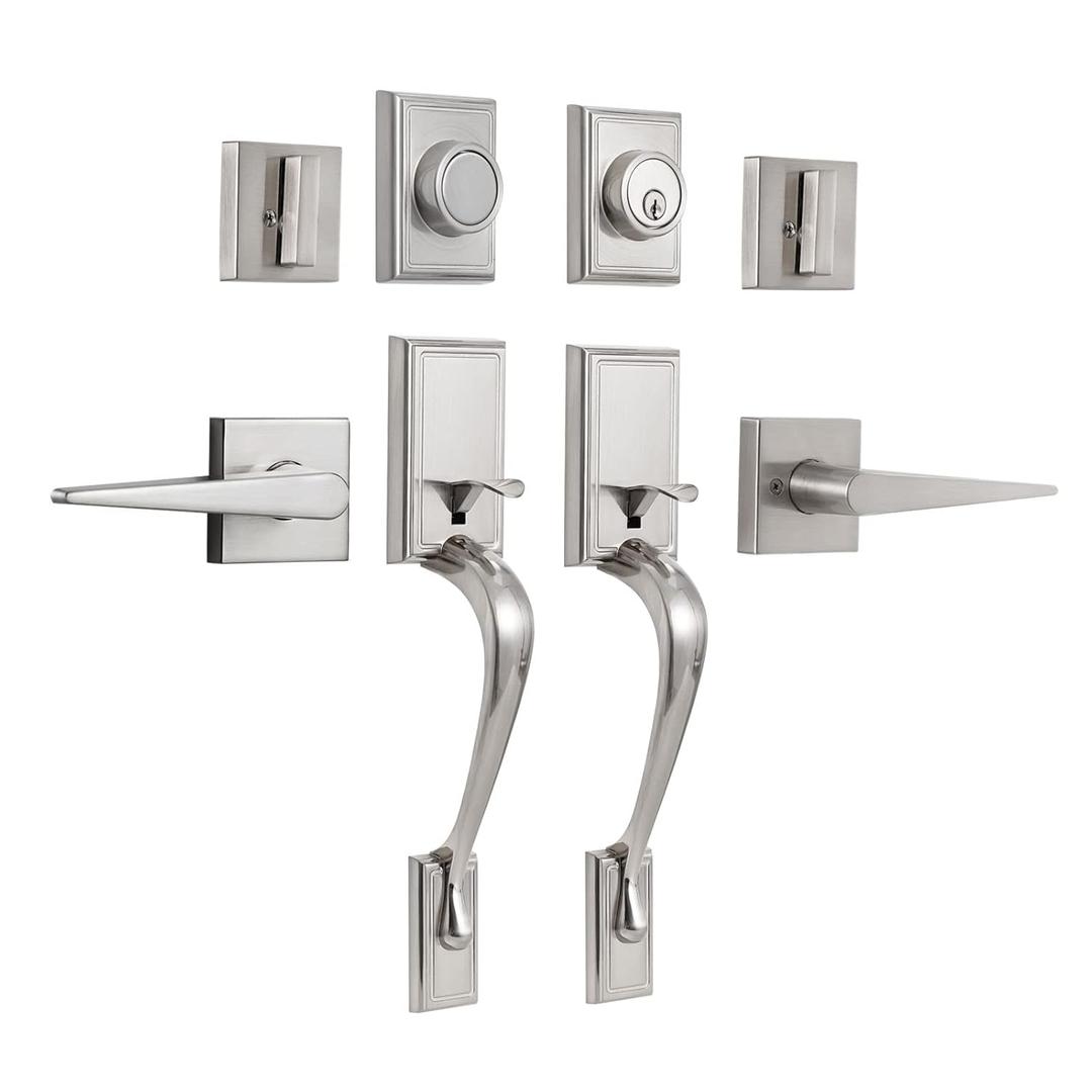 NeuType Double Door Lock Set Double Door Handle Set Front Door Handle Sets,Entrance Handle Set with Dummy,with Single Cylinder Deadbolt and Lever Handle, Satin Nickel