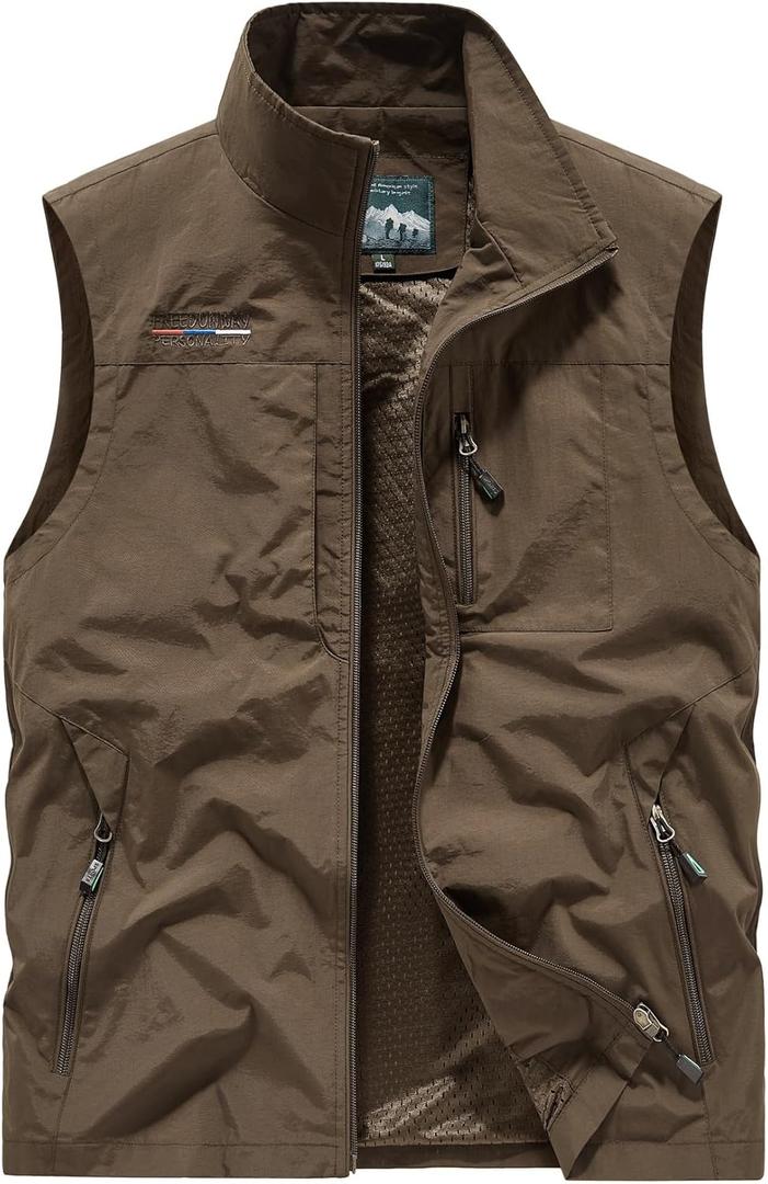 Lightweight Outdoor Vest Jacket for Men, Windbreaker for Golf, Safari, Travel, Fishing, Hiking (Brown, XL)