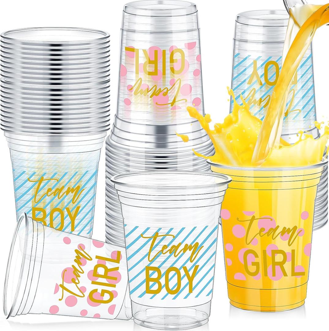 Fuyoooo 48 Pcs Gender Reveal Party Plastic Cup 16 Oz Cups Boy or Girl Thick Clear Cup Gender Reveal Party Supplies Pink and Blue Baby Shower Decorations (Charming)
