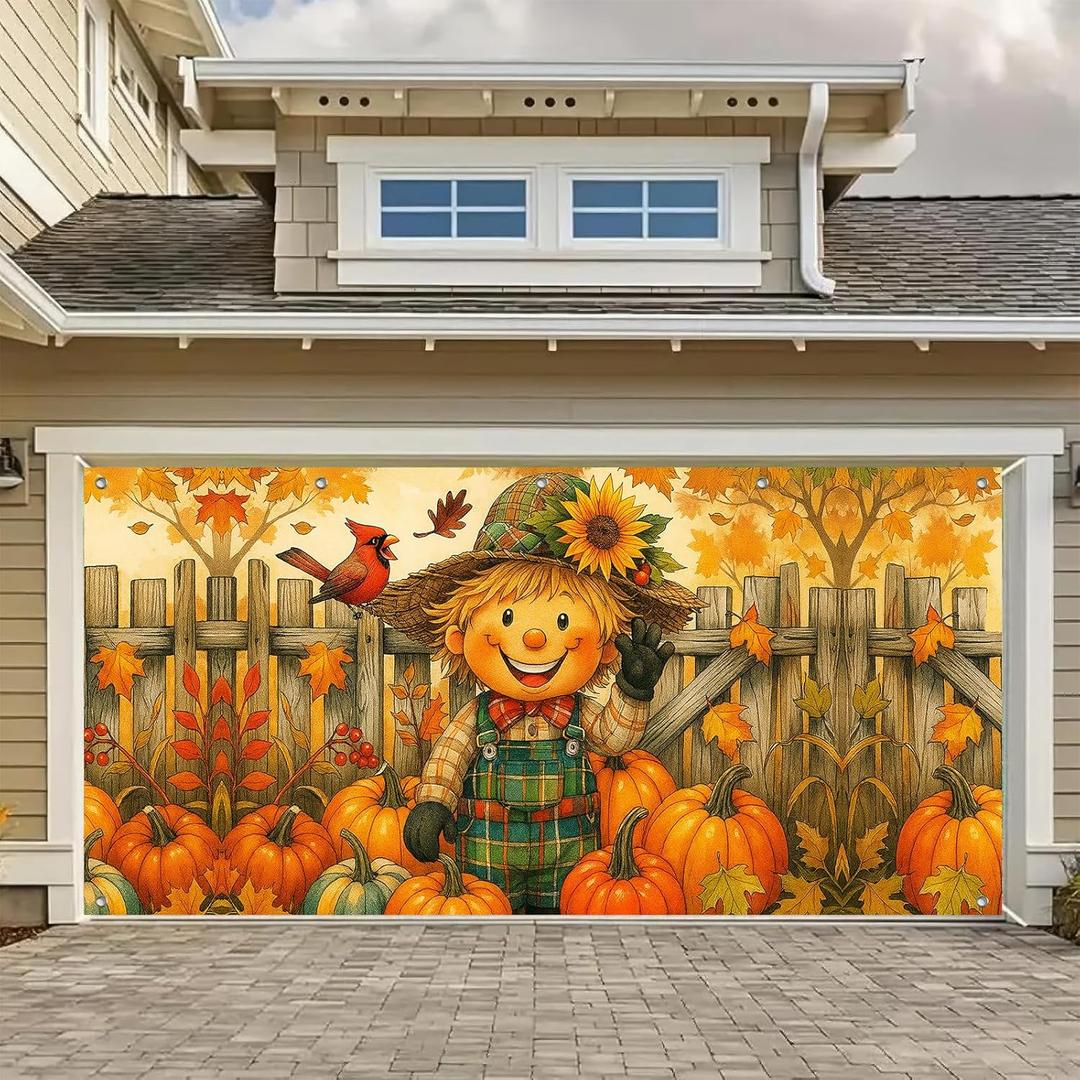 Thanksgiving Scarecrow Garage Door Banner 13x6ft Pumpkin Harvest Decor Family Gathering Outdoor Indoor Photo Background Fall Leaves Cardinal Party Decorations Mural Decorations