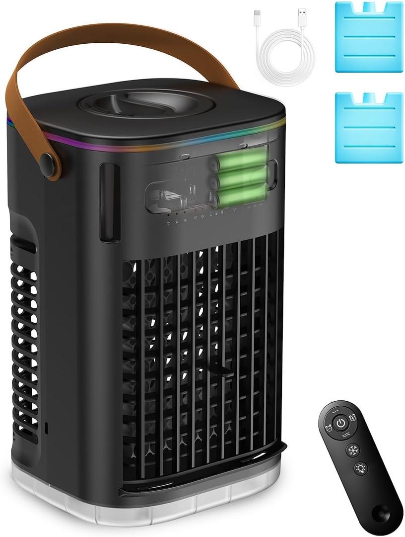 3-IN-1 Portable Air Conditioners, 5400mAh Built-In Battery Personal Evaporative Air Cooler Fan, Ice Packs & 1200ml Water Tank, 1-7h Timer & Remote, Mini Air Conditioner for Car Desktop Camping, Black