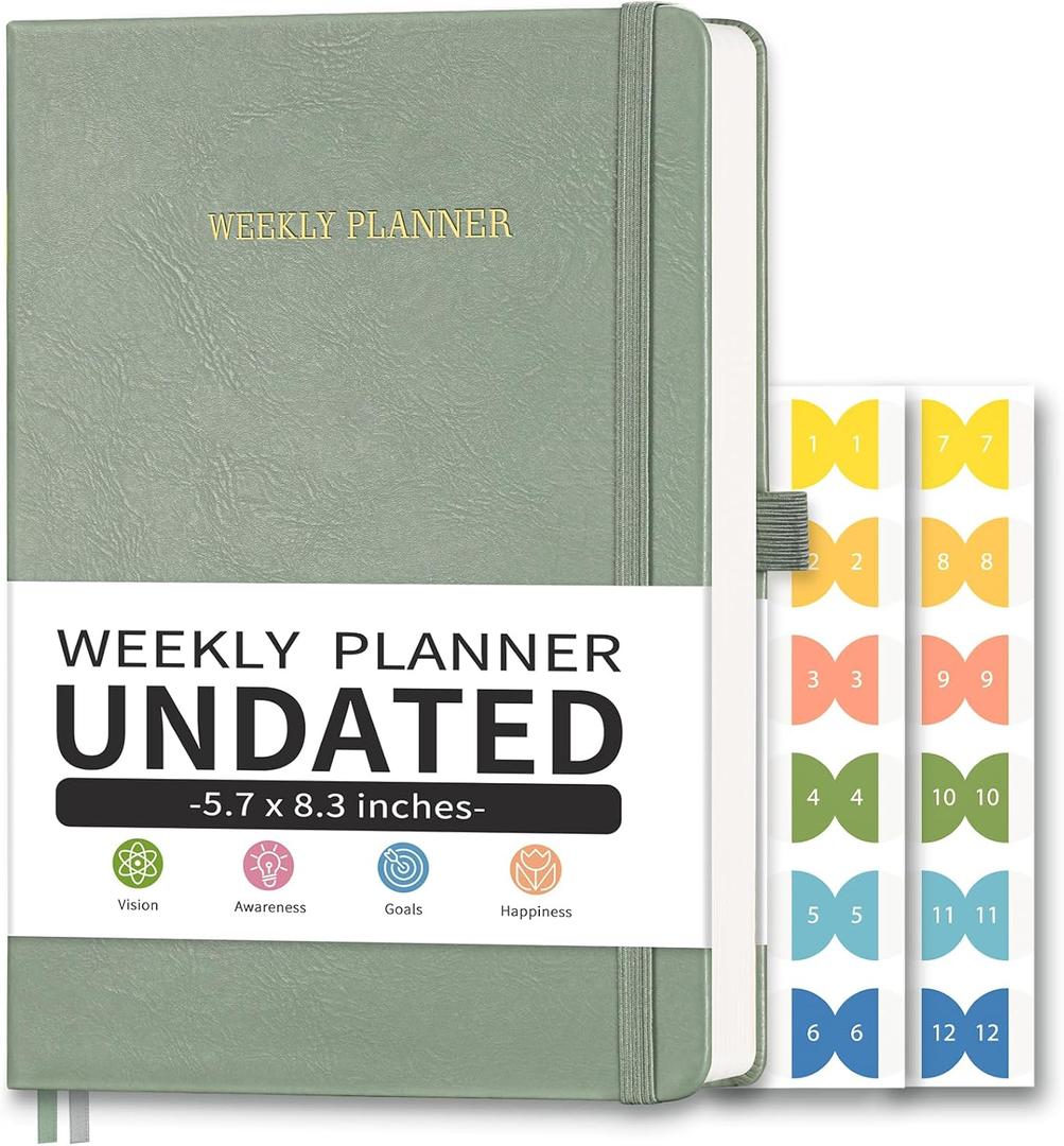 Undated Appointment Book, Hourly, Daily, 52 Weekly & 12 Monthly Planner, 6 AM - 8 PM, Medium Size (5.7" x 8.3"), Leather Hardcover, 12 Self-adhesive Monthly Tabs (Light Green)