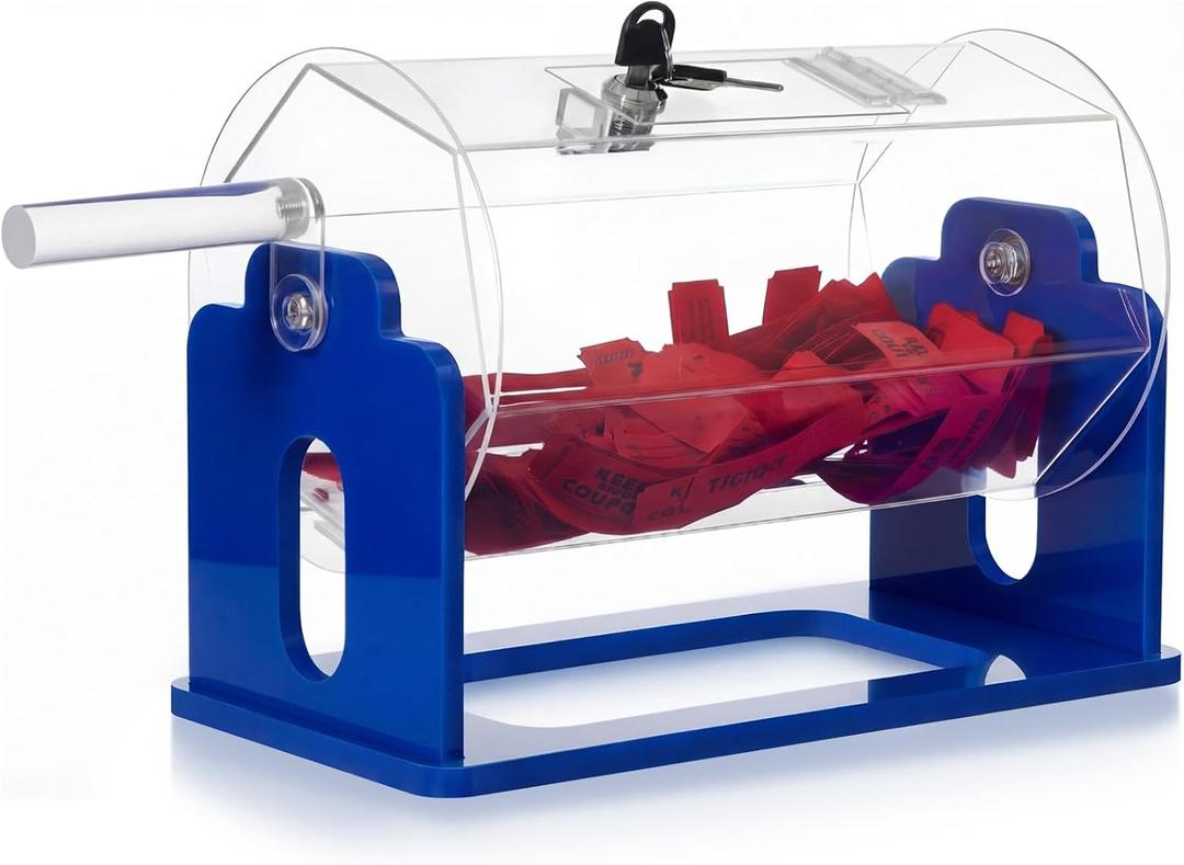 Leinuosen Acrylic Raffle Drum, 13 x 10.6 x 7 Inches Holds 1500 Tickets, Clear Raffle Tickets Box with Handle, Transparent Spinner Cage for Games, Party Activities(Hexagon, Dark Blue)