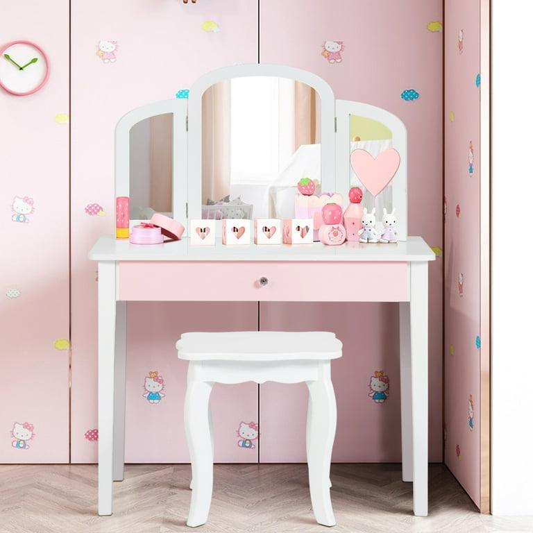  Kids Vanity Set Princess Makeup Dressing Play Table Set W/Mirror-White