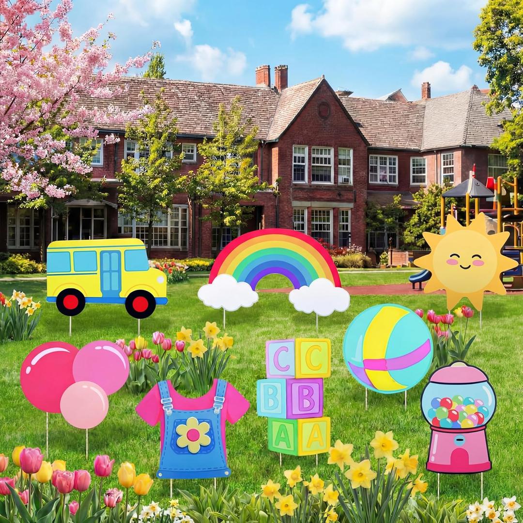 8 Pcs English Teacher Birthday Party Decorations Cartoon Girls Party Signs with Stakes Back to School Decorations English Teacher Themed Props for Kindergarten Classroom Baby Shower Supplies