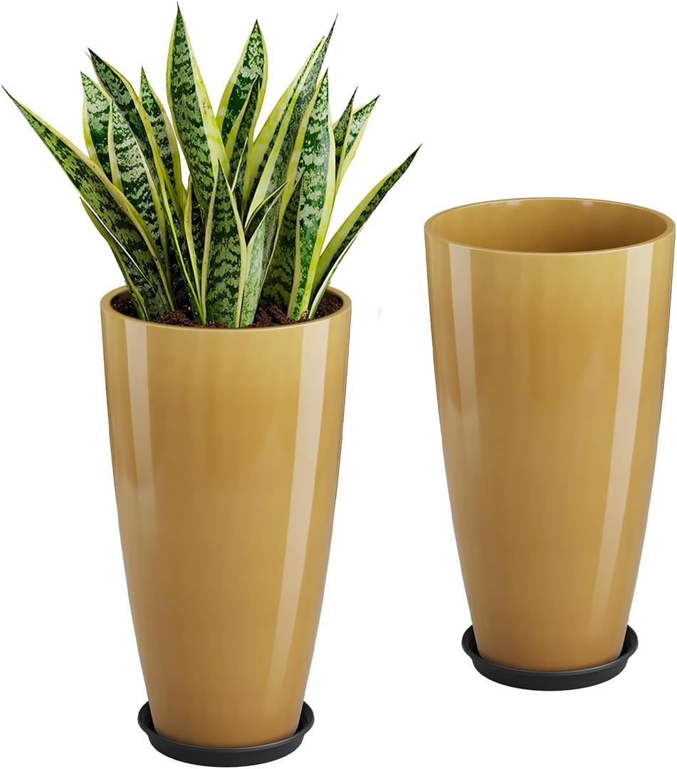 QCQHDU 21 inch Tall Planters for Outdoor & Indoor Plants, 2 Pack Sturdy Plant-Flower-Tree Pots for Front Porch Patio Deck Living Room Decor, Golden