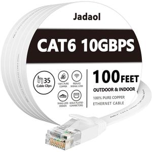 Jadaol Cat 6 Ethernet Cable 100 ft, Outdoor & Indoor 10Gbps Support Cat8 Cat7 Network, Flat RJ45 Internet LAN Computer Patch Cable for Router, Modem, Switch, Gaming Consoles, Streaming Devices, White (100ft)