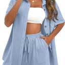 APAFES Women Summer Cotton Linen Short Sets 2 Piece Shorts Top Lounge Beach Vacation Two Piece Outfits Tracksuits (X-Large, Blue)