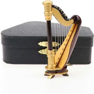 Wooden Miniature Harp with Case Mini Musical Instrument Harp Replica Collectible Figurines Dollhouse Accessories Model Home Decoration Display Ornament (3.54"x1.97"x0.91")