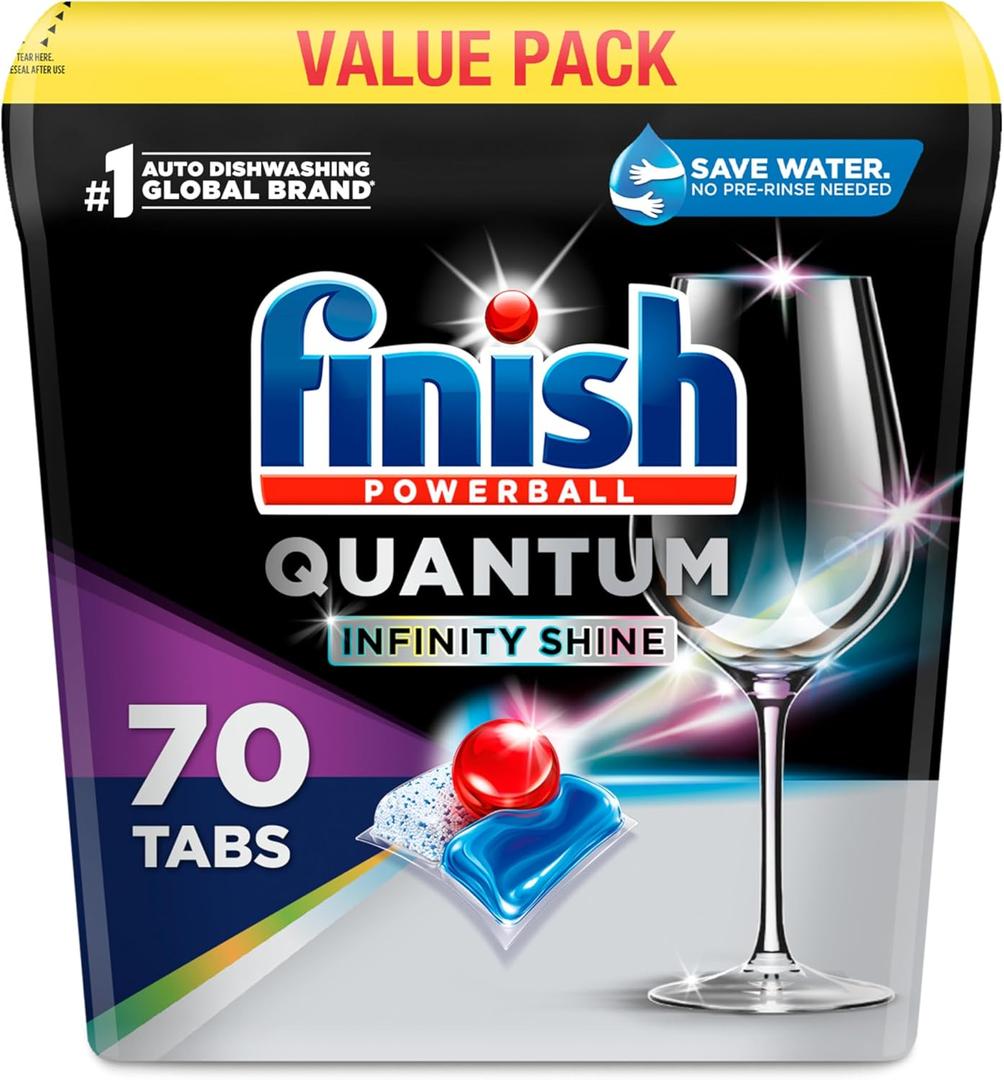 Finish Quantum Infinity Shine Dishwasher Pods, No Pre-Rinse Dishwasher Detergent Soap Removes 24HR Dried-On Stain and Grease, Leaving a Virtually Spotless Shine, 70 Count Finish Quantum Infinity Shine Dishwasher Pods, No Pre-Rinse Dishwasher Detergent Soap Removes 24HR Dried-On Stain and Grease, Leaving a Virtually Spotless Shine, 70 Count
