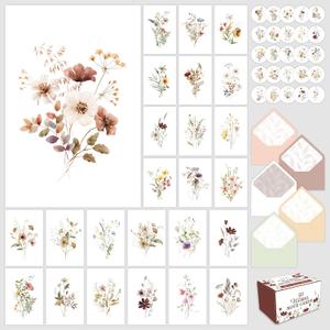 Decorably 50 Pack 4x6in Blank Floral Cards with Envelopes and Stickers, 25 Beautiful Designs Flower Note Cards, Blank Inside - Birthday, Wedding, Bridal Shower