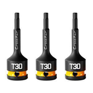 Crosstar 3pc T30 Impact Torx Bit Socket Set, 1/2" Drive CrMo Steel, Long High Impact Star Sockets for Automotive & HeavyDuty Use, Professional Mechanic Tools with Transparent Case