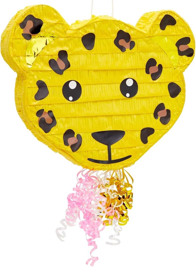 BLUE PANDA Pull String Leopard Pinata for Jungle Safari Animal Birthday Party Decorations - Leopard Print Pinata (Small, 16.5 x 13 x 3 Inch)