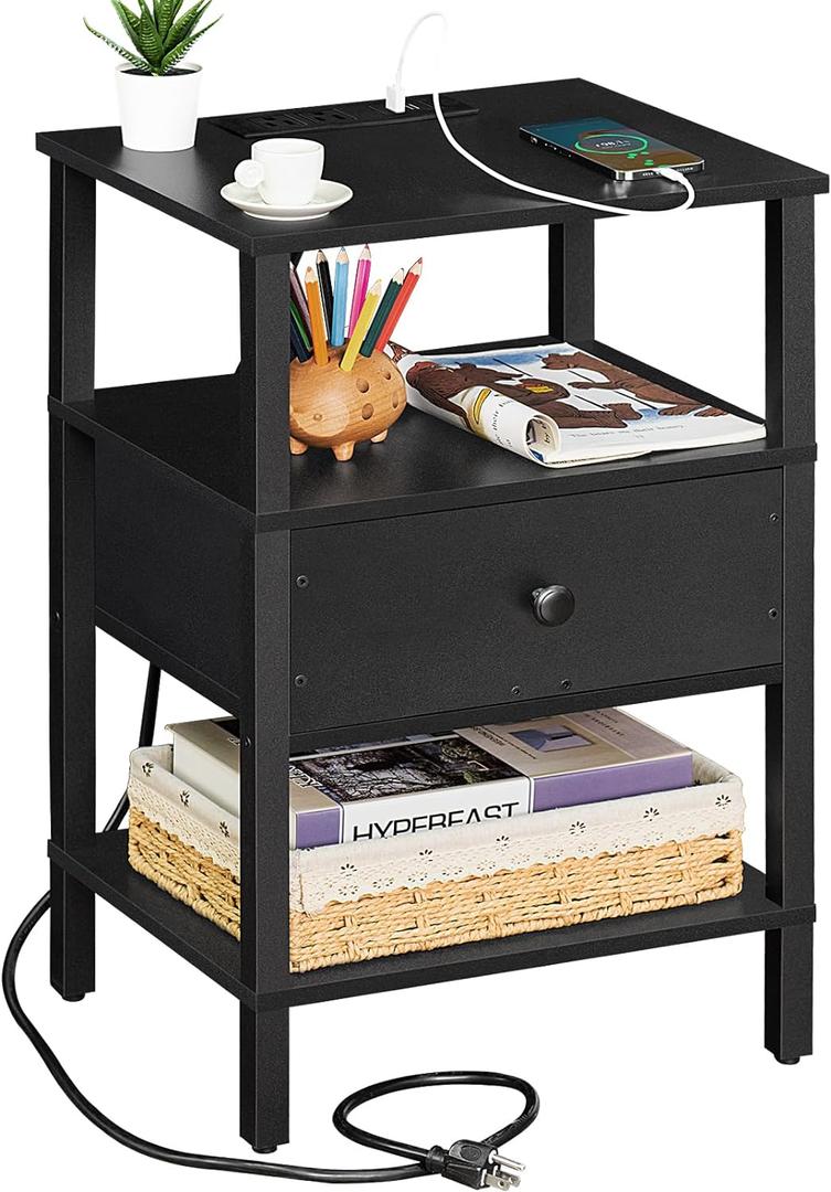 Lerliuo Nightstand with Charging Station and USB Ports, 3-Tier Storage End Table with Drawer Shelf, Night Stand for Small Spaces, Wood Bed Side Table for Living Room, Bedroom - Classic Black (set 1, Black)