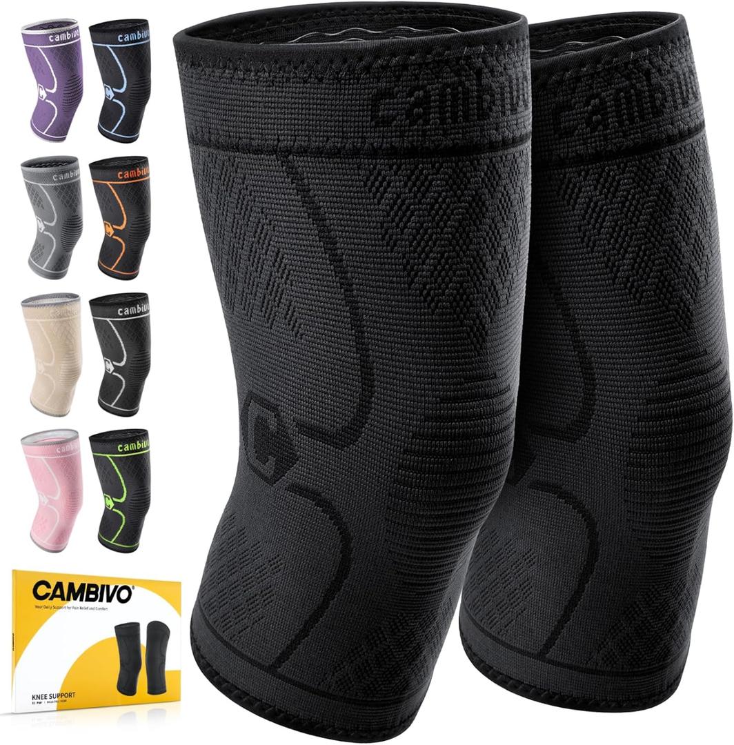 CAMBIVO 2 Pack Knee Braces for Knee Pain, Knee Compression Sleeve for Men and Women, Knee Support for Meniscus Tear, Running, Weightlifting, Workout, ACL, Arthritis, Joint Pain Relief (Black,Medium)