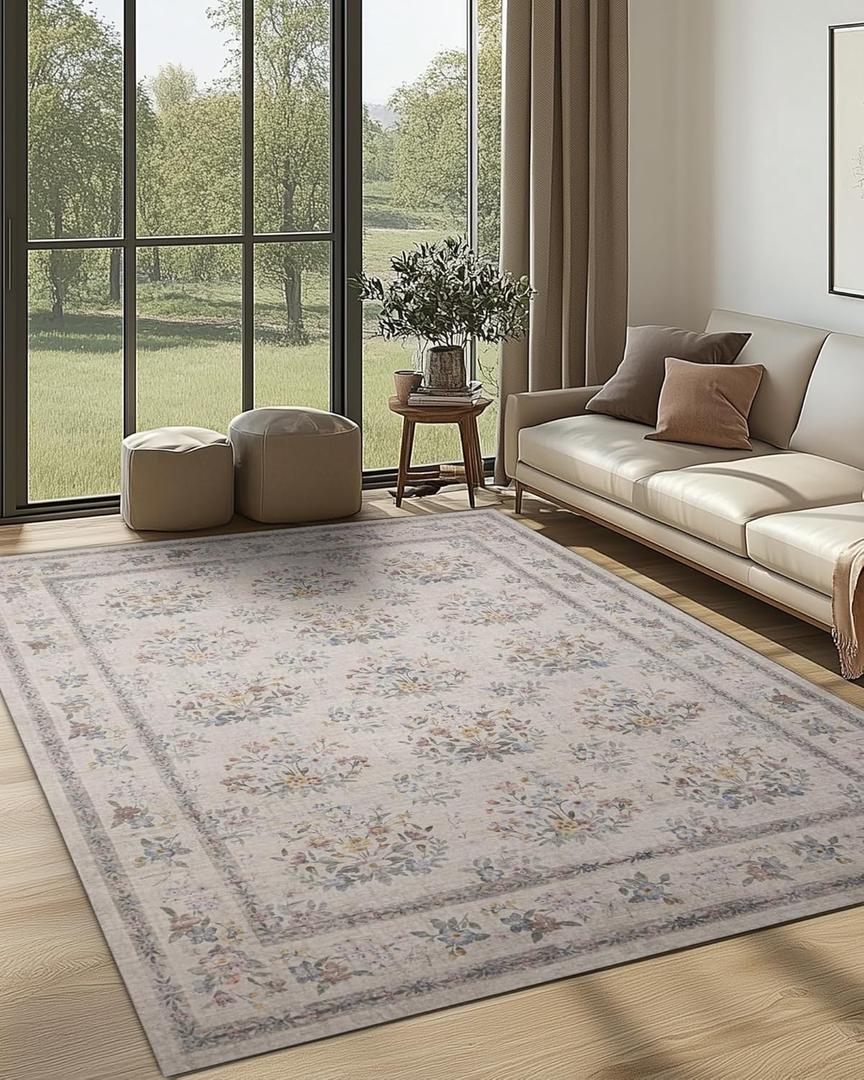 6x9 Washable Non-Slip Area Rug for Living Room, Dining Room, Bedroom Home Office-Floral Vintage Farmhouse Non-Shedding Distressed Low Pile Area Rug (Beige,6x9)