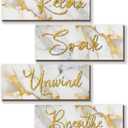ONIZHITY 4 Pcs White and Gold Bathroom Decor White Gold Wall Decor Relax Soak Unwind Breathe Wooden Rustic Marble Style Bathroom Accessories for Bedroom Living Room Decor Kitchen(10X4)