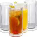 Vintage Ribbed Glassware Set, 16oz Drinking Glasses, Origami Style Set of 4, Fluted Design, Ideal for Water, Iced Coffee, Juice, Beer, Milk, Gift (16oz)