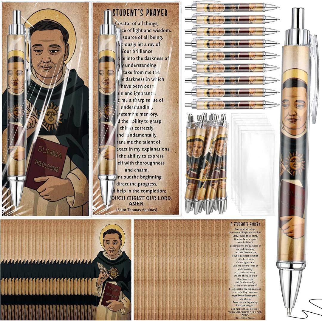 Set of 30 St Thomas Aquinas Prayer Gifts Ballpoint Pens and Prayer Card Saint of Students and Teachers Patron of Academics Gifts Prayer Board Church Supplies