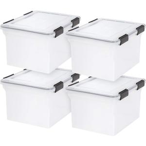 IRIS USA File Box WeatherPro File Organizer Plastic File Box for Letter/Legal File, Water Resistant Document Box, Durable Lid, Seal w/Secure Latching Buckles, Stackable, Nestable, Clear 32 Qt. 4Pack