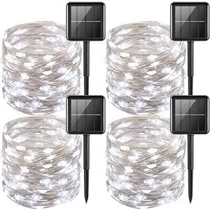 YEGUO White Solar Fairy Lights Outdoor Waterproof, 4 Pack Each 33ft 100 LED String Light, 8 Modes Silver Wire Twinkle Lights