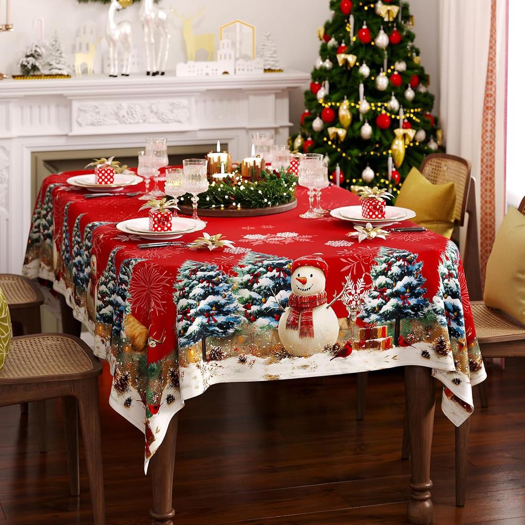 Christmas Tablecloth Rectangle 60x102 Inch, Red Snowman & Pine Tree Table Cloth, Winter Snow Scene Holiday Rectangular Table Cover, Waterproof and Washable Xmas Dining Room Decoration