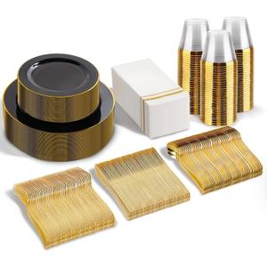 SUT 350-Piece Black and Gold Disposable Plates - Elegant Plastic Dinnerware for 50 Guests, Includes Cups & Napkins | Durable Leak-Proof Design for Weddings, Birthdays, Holidays