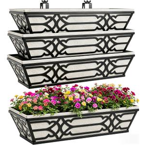Window Planter Box, Railing Planter Box with Non-Woven Fabric Liners, 4 Pack 24" Hanging Flower Baskets for Outdoor Plants, Metal Deck Railing Planters with Adjustable Brackets, Apartment Balcony