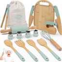 Wooden Kids Cooking Set Montessori Kit - Real Toddler Kitchen Tools & Baking Utensils - 13 PCS Cooking Kit for Kids with Storage Bag, Great Gift for Pretend Play & Montessori Learning (Green)