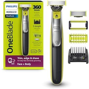 Philips Norelco OneBlade 360 Hybrid Blade for Face + Body, Electric Beard Trimmer, Shaver and Groomer, with 360 Blade Technology, 5in1 Adjustable Comb, 1x Body Kit, Model QP2834/70, Black/Lime Green