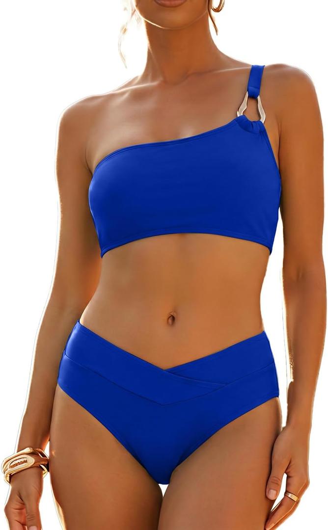 Palmipeta Women's High Waisted Full Coverage Bikini Sets High Cut One Shoulder Swimsuit Two Piece Bathing Suit 2026 Swimwear for Teens Ladies Royal Blue XL