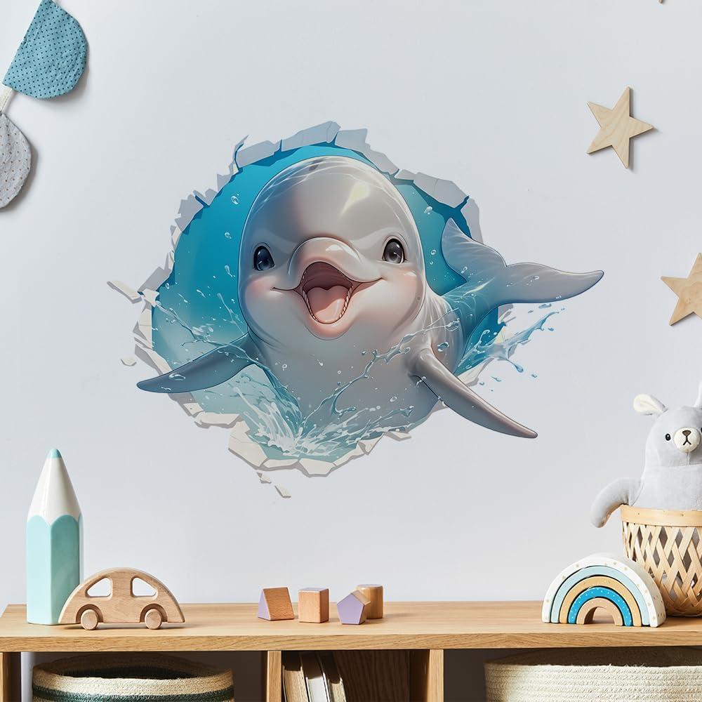 3D Cartoon Baby Dolphin Broken Wall Wall Stickers Nursery Sea Animal Wall Decals for Kid Removable Peel and Stick Wall Art Home Decor Decoration for Preschool Living Room Bedroom Bathroom