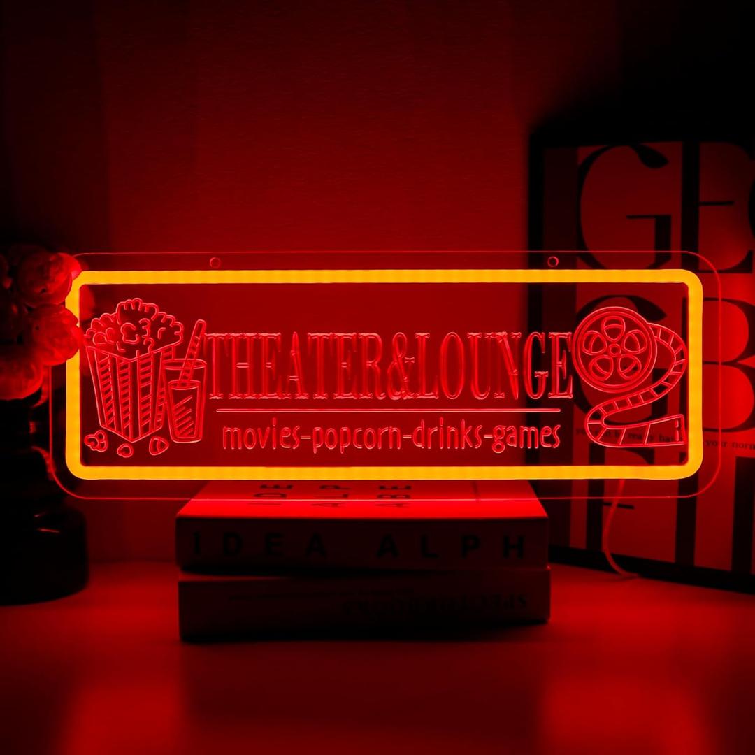Theater Lounge Neon Sign for Wall Decor, Popcorn Drinks Led Signs For Film, USB Dimmable Red Neon Lights for Home Bar Movie Night Party Man Cave Snacks Store Decoration