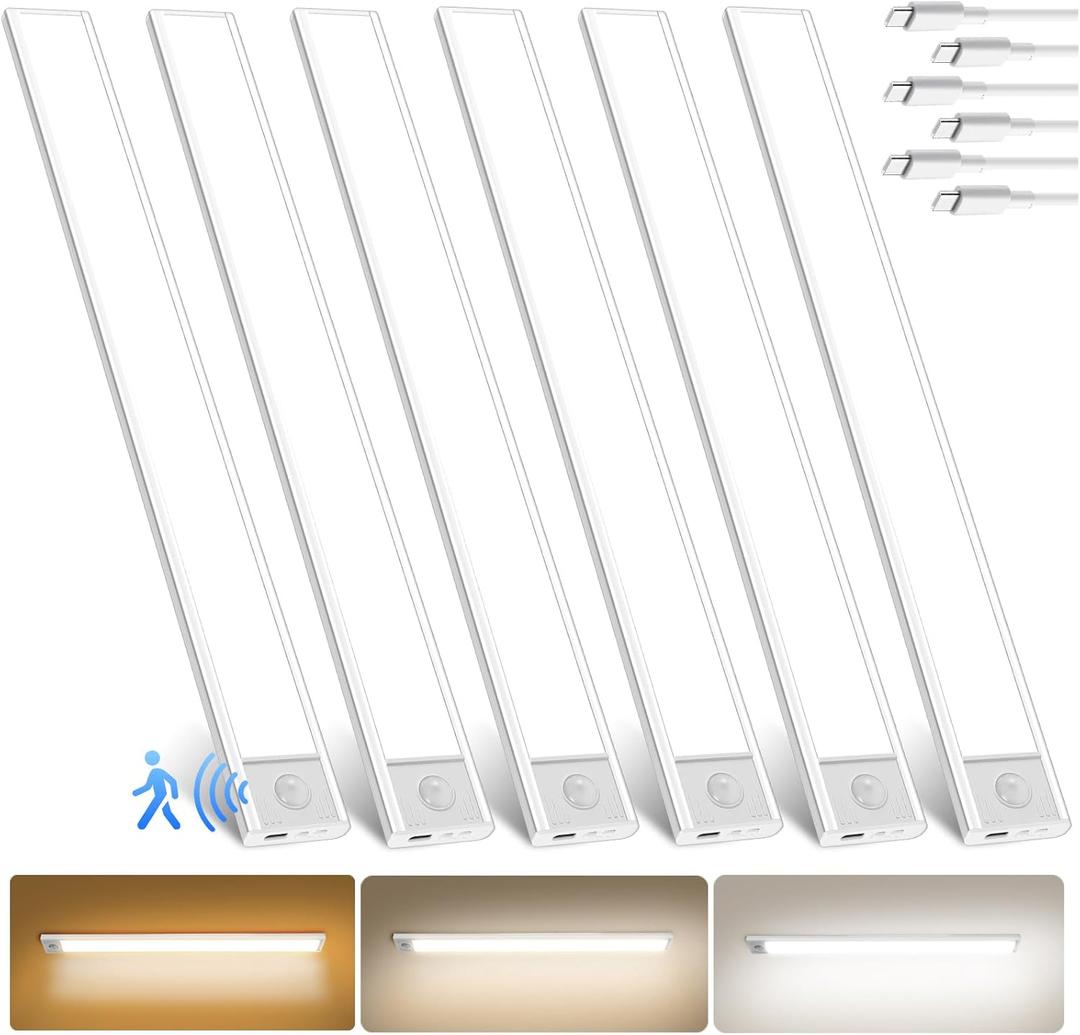 16 inch Under Cabinet Lighting, 80 LED Rechargeable Battery Motion Sensor Closet Light, 3 Color Temperature Dimmable Wireless Magnetic LED Closet Light for Kitchen, Shelf, Wardrobe, 6 Pack