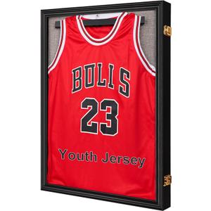 IHEIPYE Kids Military Uniform Shadow Box, Youth Jacket Sport Jersey Display Case with 98% UV Protection Acrylic and Hanger for Child Attire Football Soccer Sport T-Shirt, Small, Black Linen