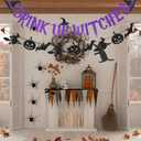 2 x Pre-Strung Drink Up Witches Banner, Glitter Happy Halloween Banner Decorations with Pumpkin Bat Witch Sign for Halloween Party Home Office School Indoor Wall Mantel Hanging Backdrop Garland Decor