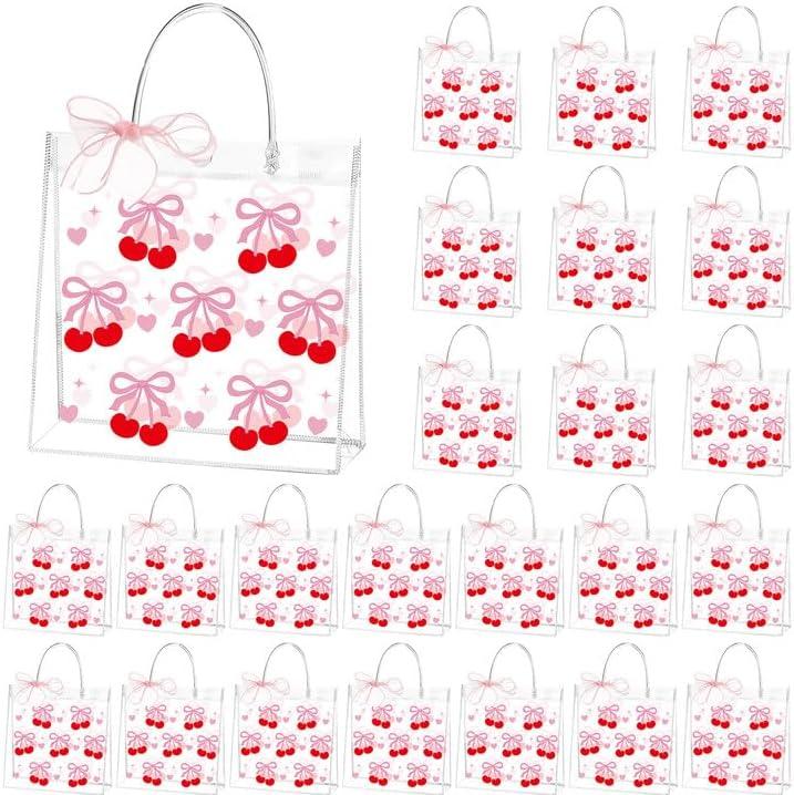 24 Pcs Cherry Party Favor Bags Clear PVC Cherry Ribbon Gift Bags with Handles Reusable Party Favor Bag for Girls Women Birthday Wedding Baby Shower Party, 6.3x5.9x2.8 Inch