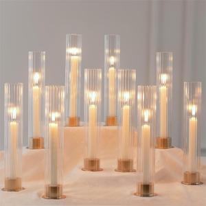 NUPTIO Hurricane Candle Holder for Centerpiece: Set of 10 Metal Taper Candle Holders with Ribbed Glass Cylinders - Gold Candlestick Holders Bulk for Outdoor Party Dinner Wedding Table Decoration